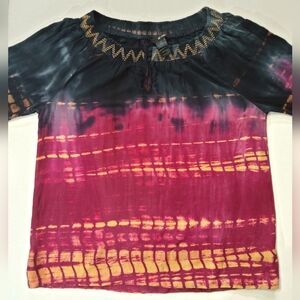 Ali Miles Shirt Womens Medium Pink Black Smock Neck Peasant‎ Top South West Boho